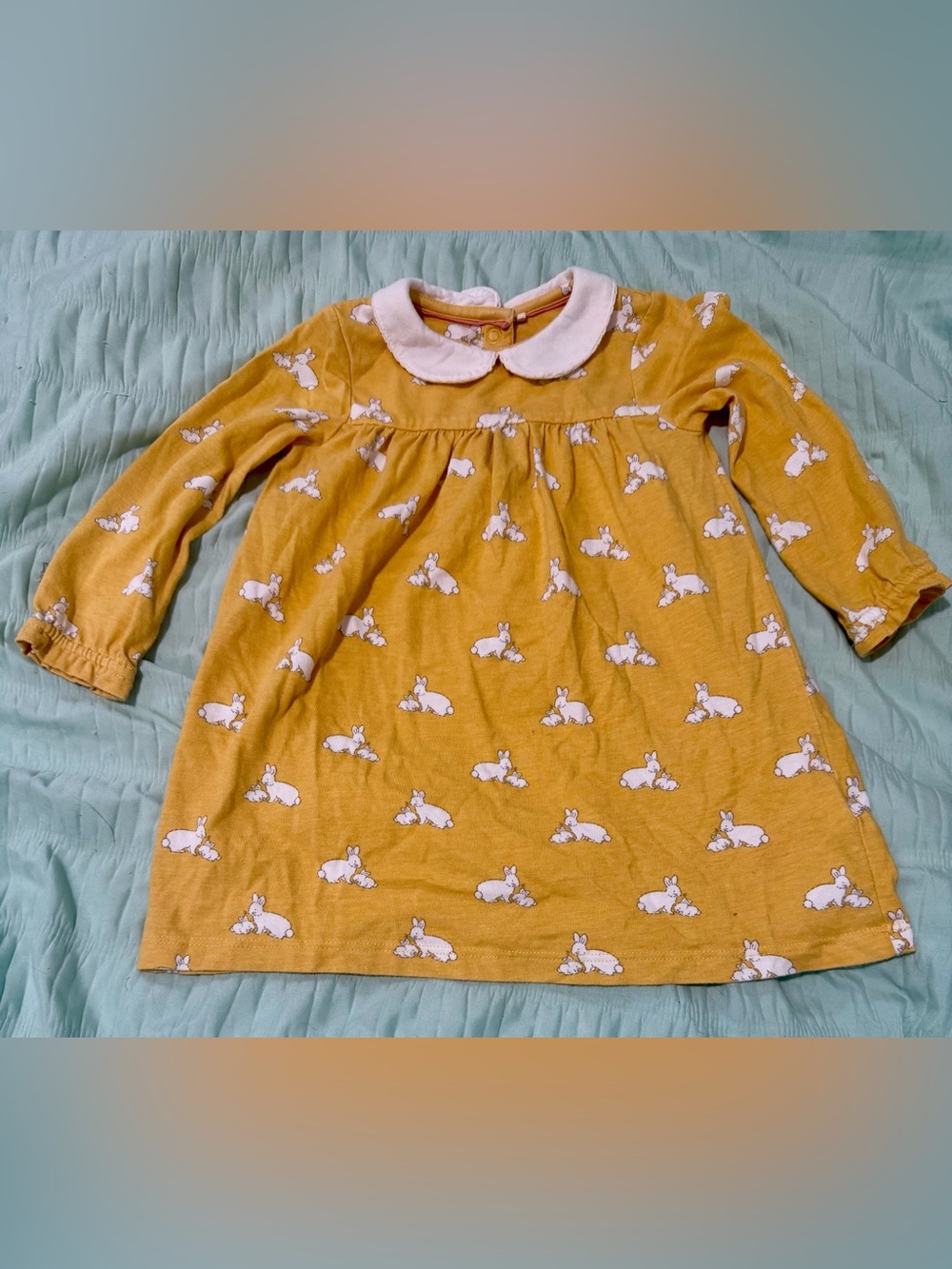 Baby Boden Yellow Bunny Print Dress with White Collar Easter
